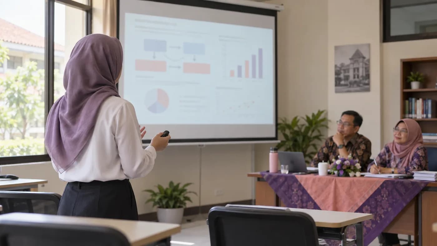 Mahasiswi mempresentasikan rancangan penelitian di hadapan dua penguji dalam ruang seminar kampus